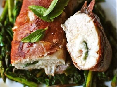 Prosciutto wrapped chicken breasts stuffed with basil pesto from Orange Door Acres